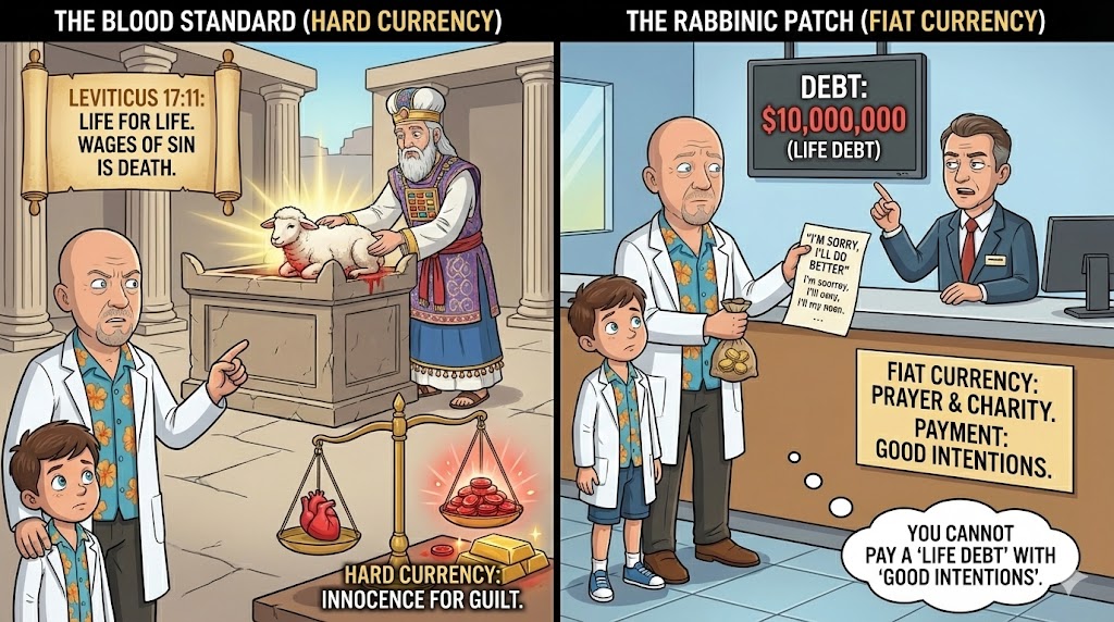 Conceptual visual: Comparison between a gold bar (hard currency) and paper bills (fiat currency) to illustrate the difference between Temple sacrifice and rabbinic substitutes in atonement value